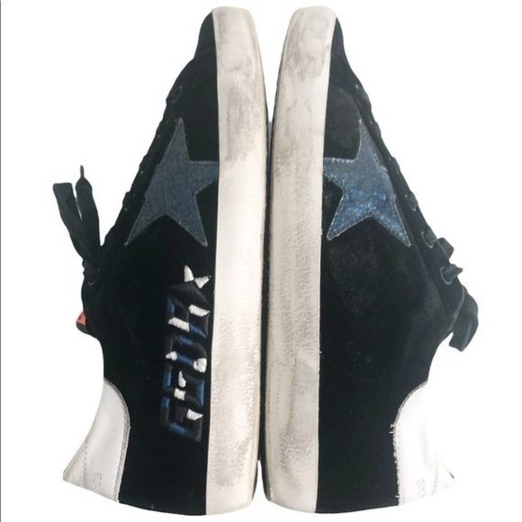 GOLDEN GOOSE Superstar Black Velvet Blue Glitter Star Lace Up Sneakers Size US 7 - Picture 11 of 14